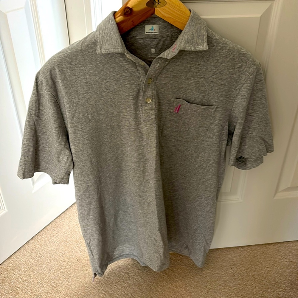 Johnnie-O, polo, grey with pink details.  Large